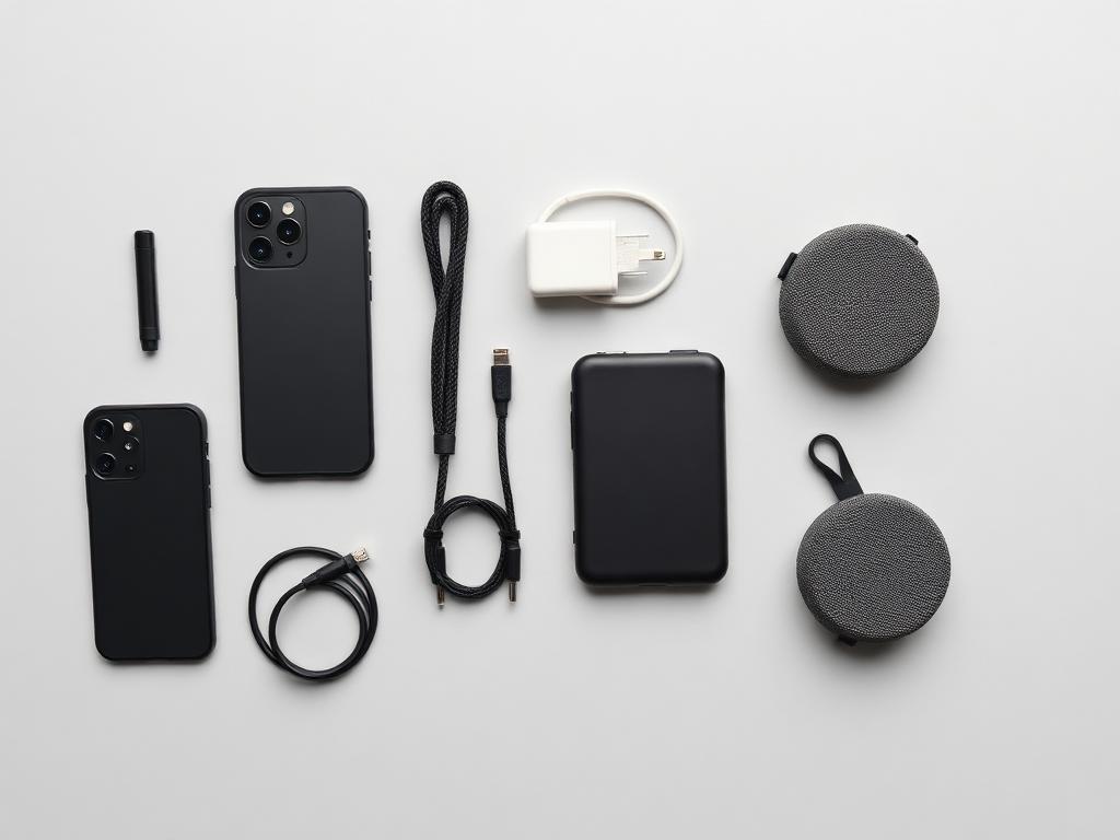 Composição de acessórios de tecnologia como capas, cabos e carregadores