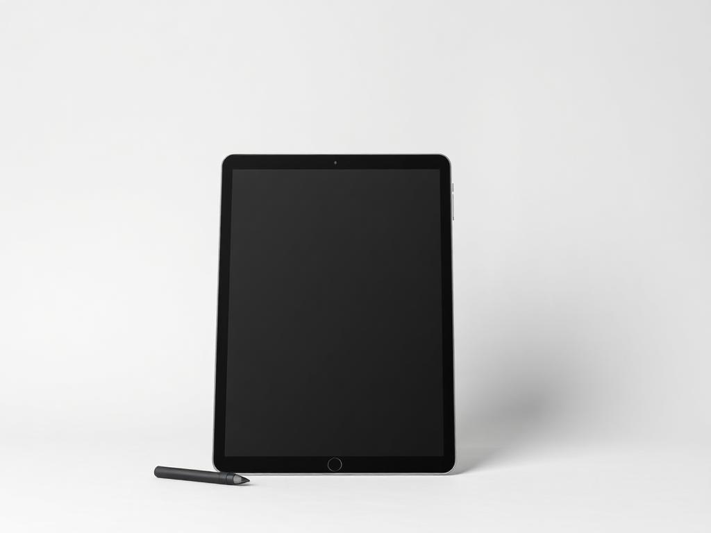 Tablet apoiado em superfície minimalista com caneta ao lado