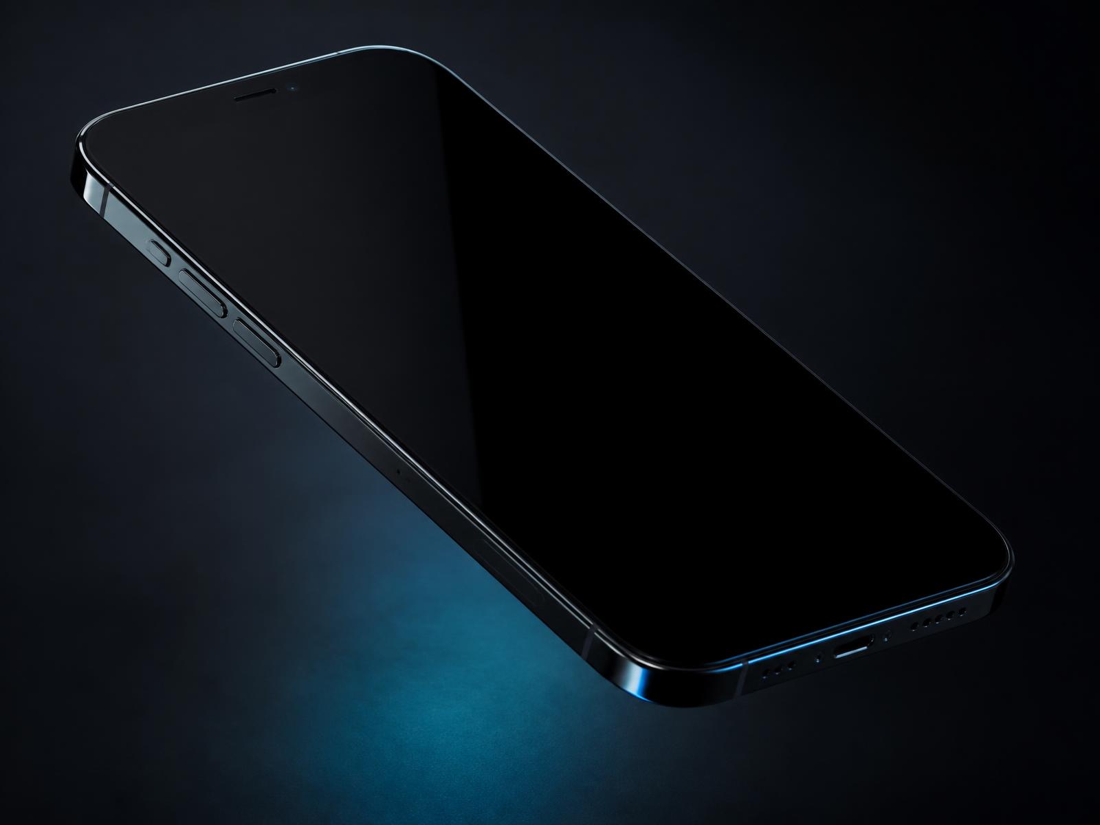 Smartphone premium apresentado em fundo escuro com reflexo azul sutil